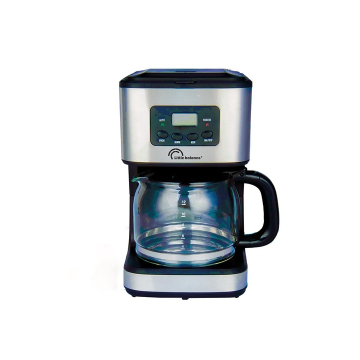 LITTLE BALANCE 8630 Cafe Control, aparat de cafea cu filtru, programabil 24 de ore, cana de sticla, 12 cani, 900 W, finisaj inox, negru