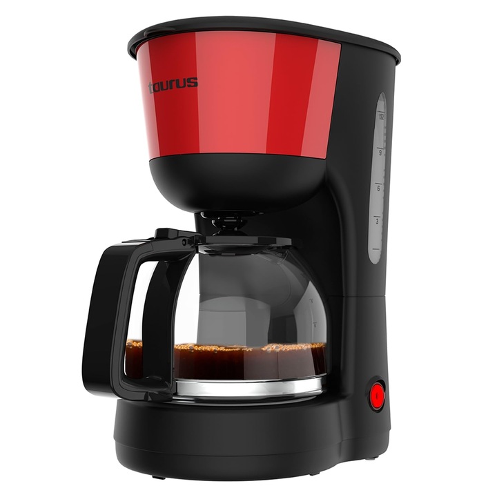 Taurus – aparat de cafea cu filtru Verona Vintage Red, 12 cani, 1000W, Urcior de sticla cu cantar, Rezervor de apa vizibil, Filtru reutilizabil, Oprire automata, placa de incalzire