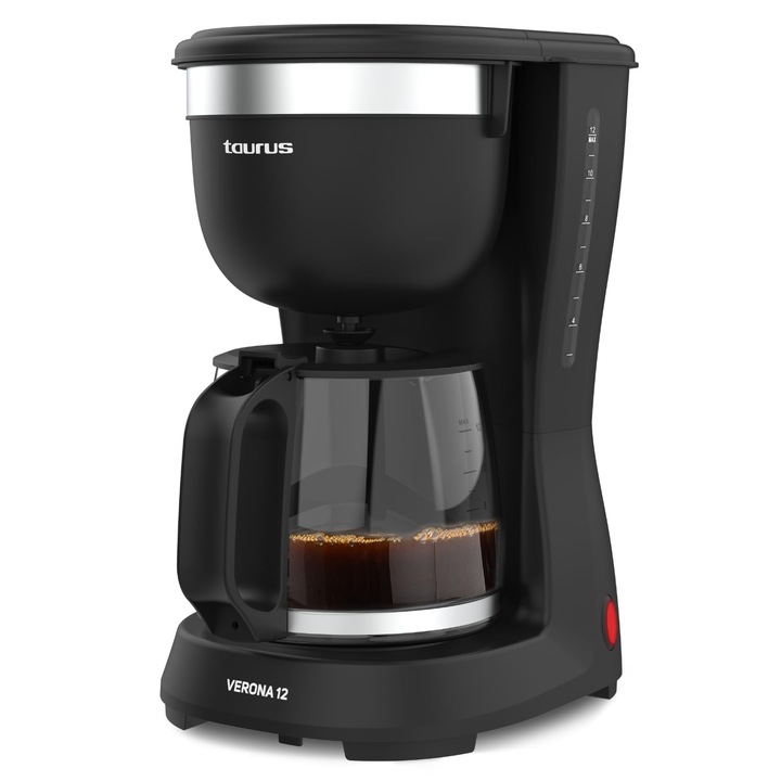 Taurus, aparat de cafea cu filtru + 680 W, Verona 12, 1, 25 L, 12 cani, Filtru permanent lavabil, Oprire picurare, Fara BPA, Oprire automata, Compact, Negru