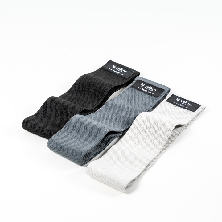Textil ellenállás szalagok fenékre és csípőre, yellowHIP Bands, 10-15 kg / 15-20 kg / 25-30 kg, világosszürke / szürke / fekete, 3 db-os szett, yellowSPORT