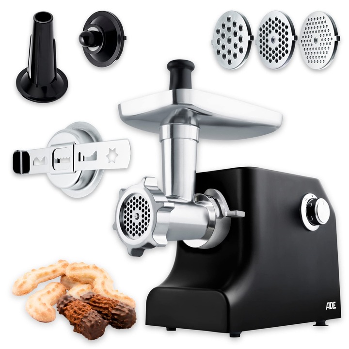 ADE KA1801 Masina de tocat carne electrica, masina de presa 2 in 1 pentru biscuiti (electrica cu putere de 2000 wati, carcasa din aluminiu, antrenare metalica din otel inoxidabil, certificat GS) negru