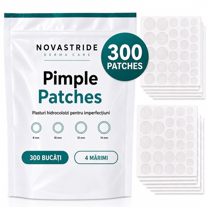 300 Buc Plasturi Hidrocoloidali, Anti Acnee, pentru Cosuri, 4 Marimi (8/10/12/14 mm), Pimple Patches, Invizibili, Pentru Imperfectiuni, cu Acid Salicilic, Novastride Derma Care