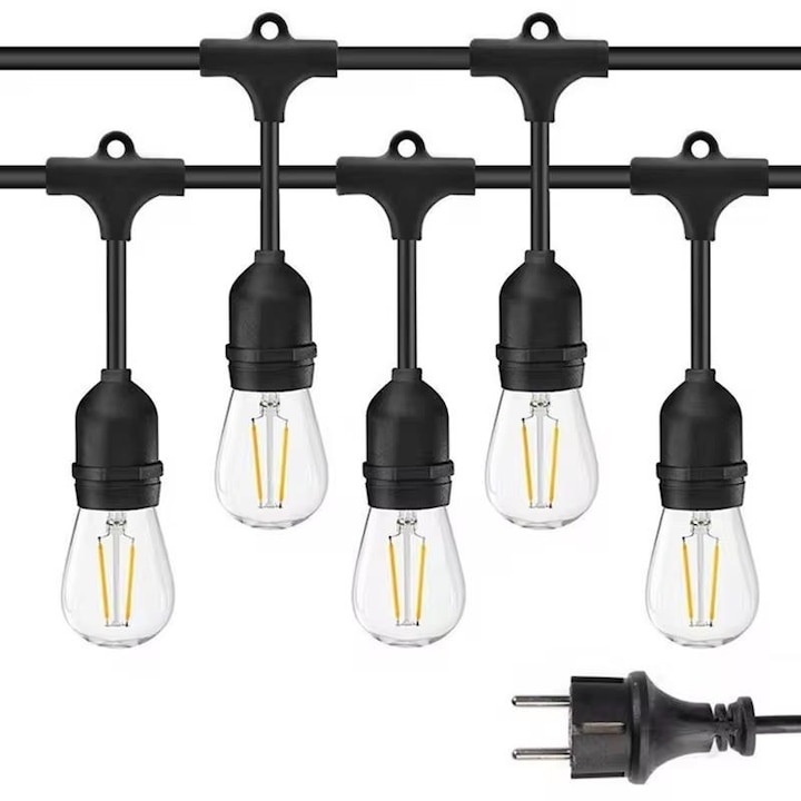 Dekoratív Fényfüzér 5m, 10 db E27 Filament Izzóval, Meleg Fehér Fény 2700K, IP65, Beltéri és Kültéri Használatra