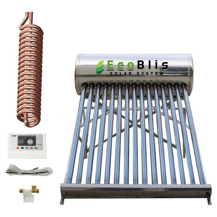 Panou solar apa calda Presurizat cu Serpentina 150L ECOBLIS + Controller, inox, 15 tuburi, suport inox, kit complet panou solar apa calda cu presiune