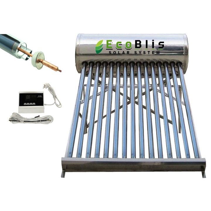 Panou solar apa calda Presurizat 120L ECOBLIS + Controller + Rezistenta, inox, 12 tuburi Heat Pipe, suport inox, kit complet panou solar apa calda cu presiune