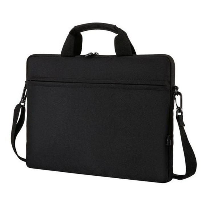 Husa laptop 14 inch poliester negru subtire cu buzunar exterior si curea umar