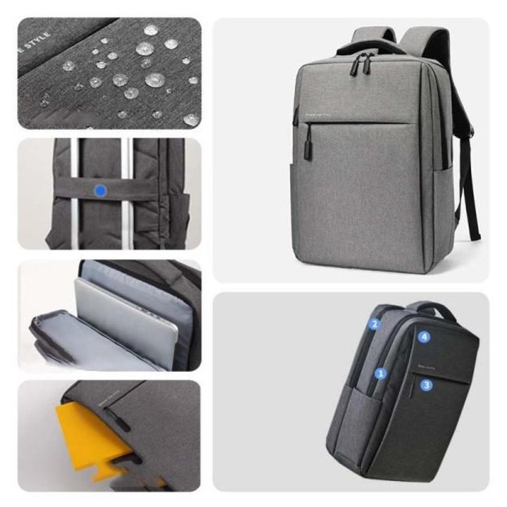 Rucsac laptop 17.3 inch, rezistent la apa, capacitate mare, gri deschis