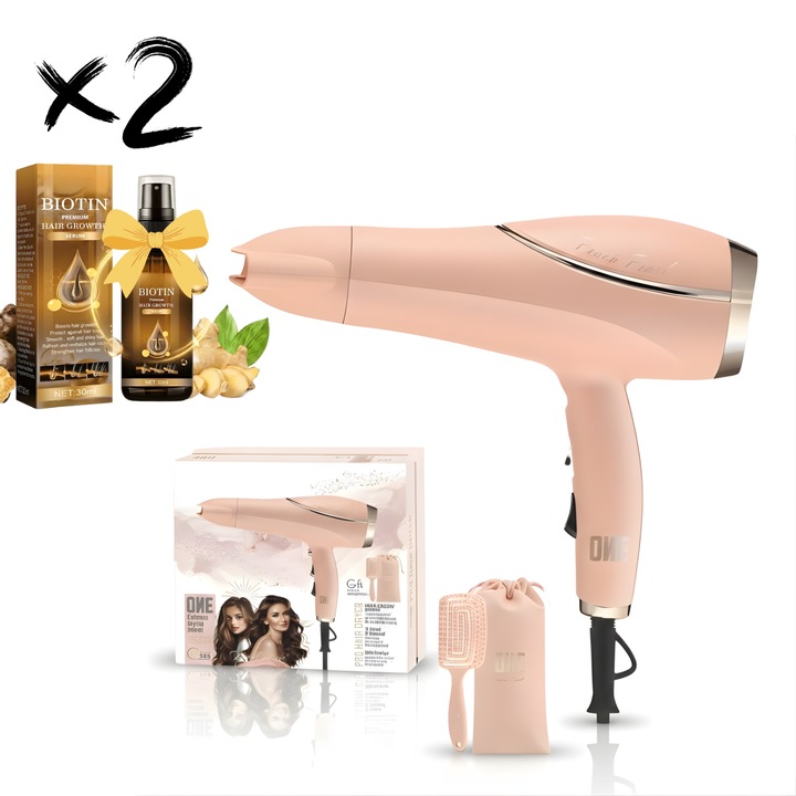 ATOMKIT "Peach Pearl" Professzionális Hajszárító, Prémium Ajándék Doboz és 2 x Biotin Szérum Hajápoláshoz, 2200W, 3 Hőmérséklet Fokozat, Rózsaszín, Ajándék Szett Kiegészítőkkel