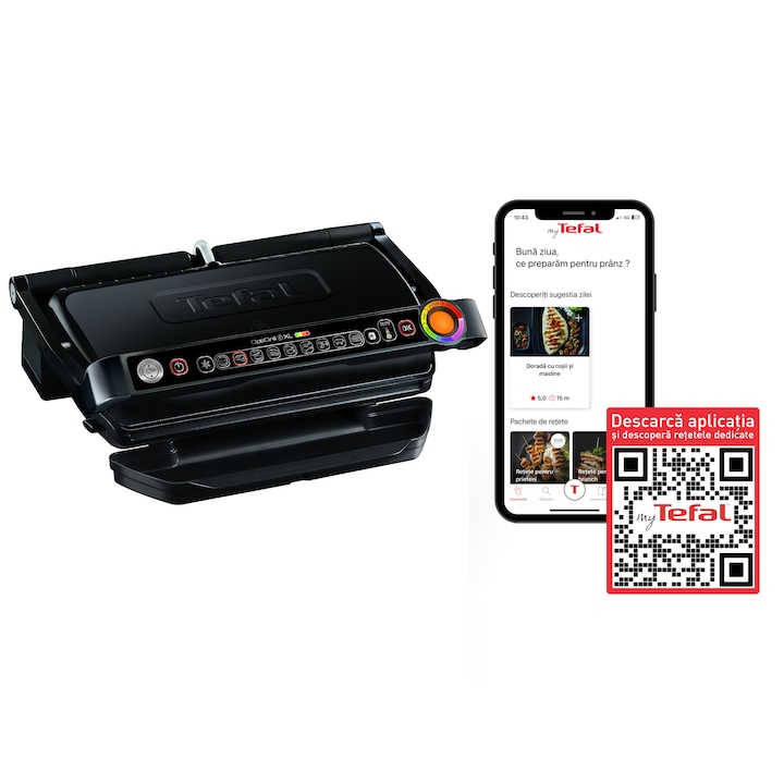 Gratar electric Tefal OptiGrill+ XL GC722834, 2000W, 9 programe, indicator gatire, 4 setari de temperatura, senzor automat de gatire, placi detasabile antiaderente 40 x 20 cm, negru