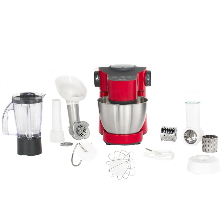 Robot de bucatarie Tefal Wizzo QB307538, 700 W, 4 l, Functie pulse, Mixer, Carlig pentru aluat, Rosu