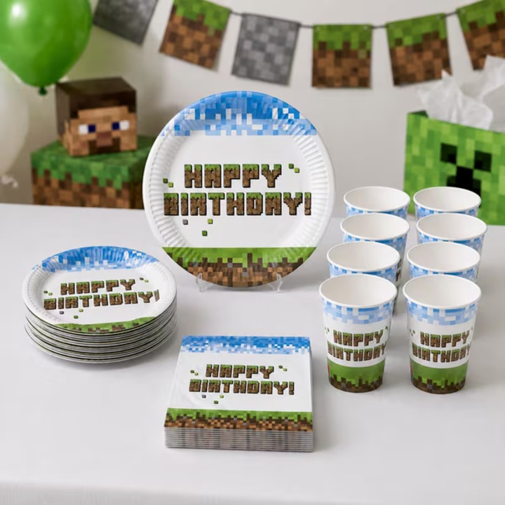 PIXEL party szett 8 személyre, tányérok, poharak, 44 darab, születésnap, grill, jubileum