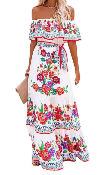 Rochie casual feminina boho lunga cu imprimeu floral multicolor