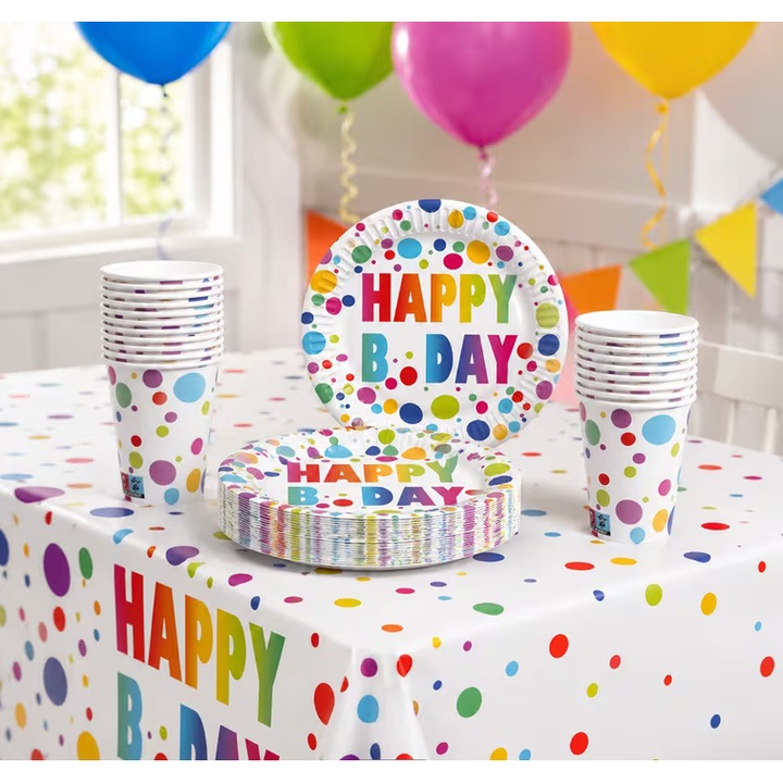 Happy Birthday parti szett 8 személyre, terítő, tányérok és poharak, 25 darabos, évforduló, grill, jubileum