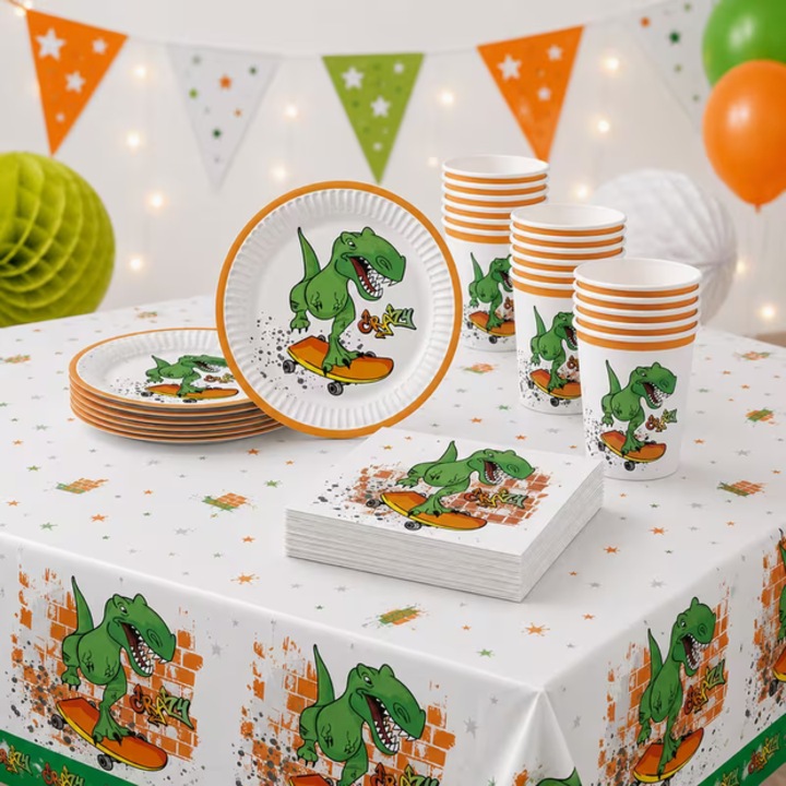 Crazy DINO parti szett 8 személyre, terítő, tányérok, poharak és szalvéták, 45 darab, dinoszauruszok, évforduló, grill, jubileum