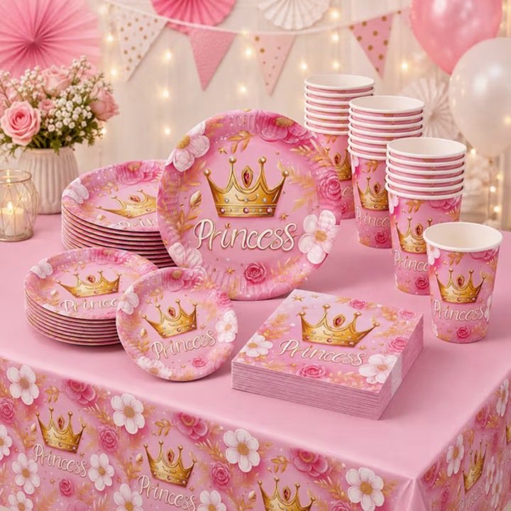 Princess parti szett 16 személyre, terítő, tányérok, poharak és szalvéták, 49 darab, születésnap, grillezés, rózsaszín