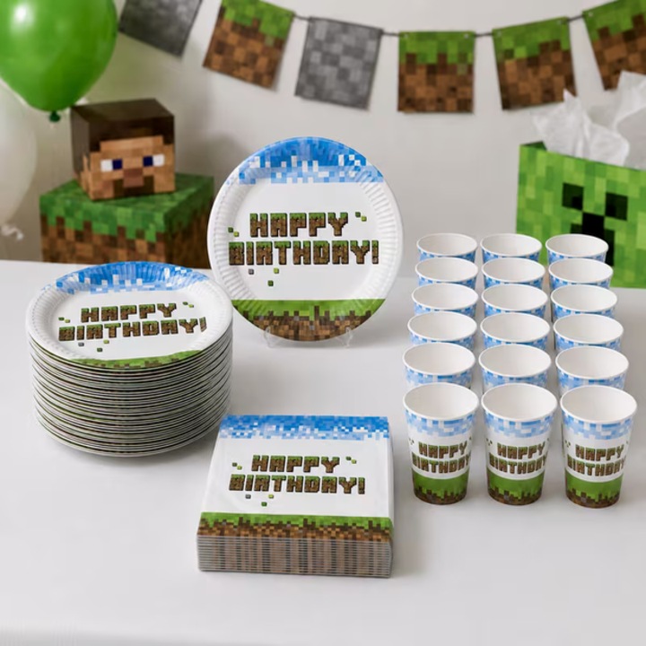 PIXEL party szett 16 személyre, tányérok, poharak, 68 darab, évforduló, grillparti, Mine craft témájú buli