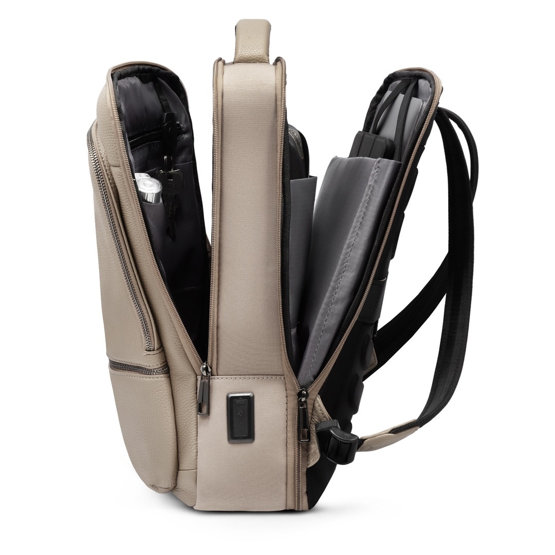 Rucsac Pentru Laptop, James Hawk, City Backpack, 20L 40x30x17 cm, Bej Gri, Piele Ecologica Si Nylon, Laptop 16 Inch, Bagaj De Mana Zbor Ryanair Wizz Air, Port Usb Si Usb-C, Protectie RFID, Impermeabil, Antifurt, Rucsac Business Elegant, Premium, Voiaj