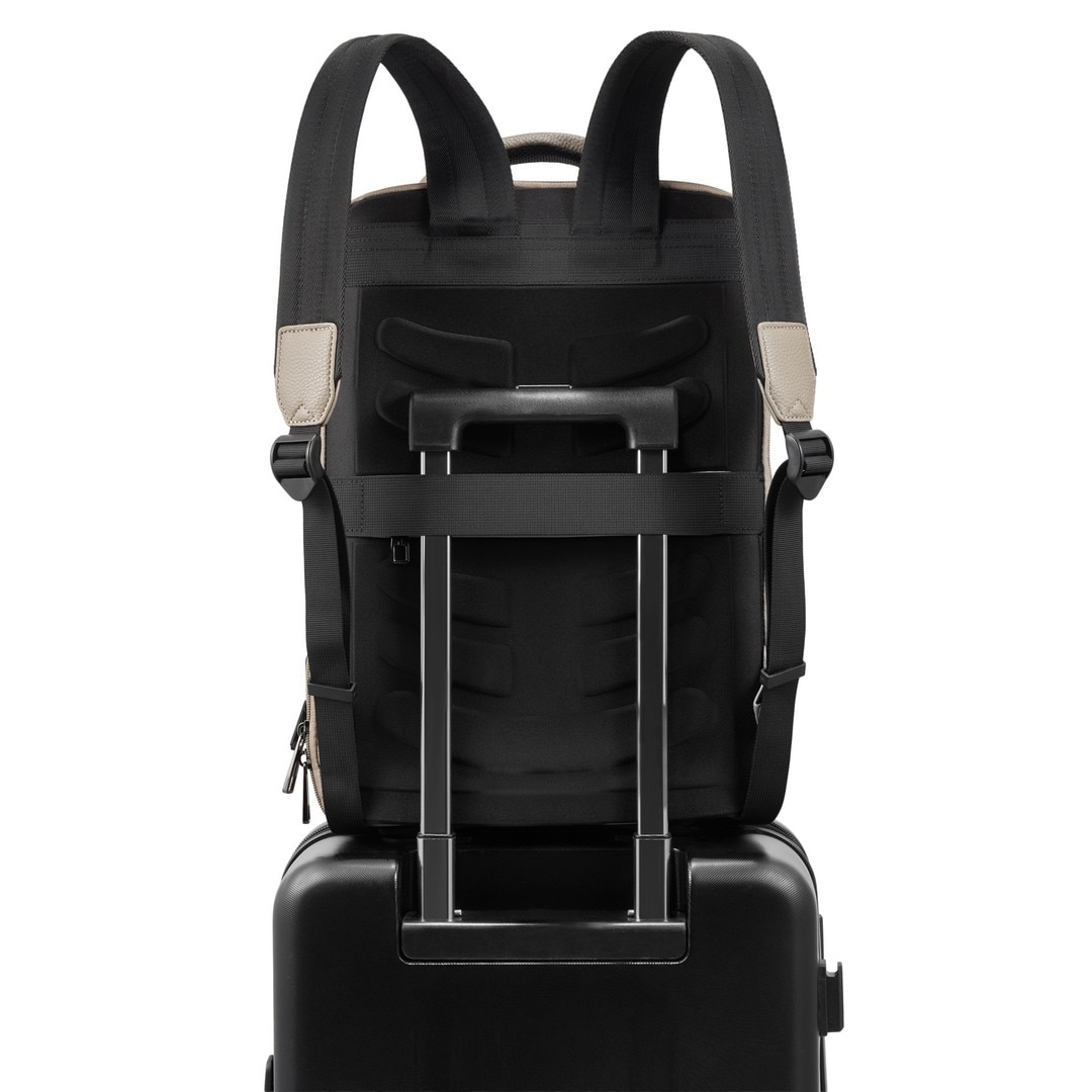 Rucsac Pentru Laptop, James Hawk, City Backpack, 20L 40x30x17 cm, Bej Gri, Piele Ecologica Si Nylon, Laptop 16 Inch, Bagaj De Mana Zbor Ryanair Wizz Air, Port Usb Si Usb-C, Protectie RFID, Impermeabil, Antifurt, Rucsac Business Elegant, Premium, Voiaj