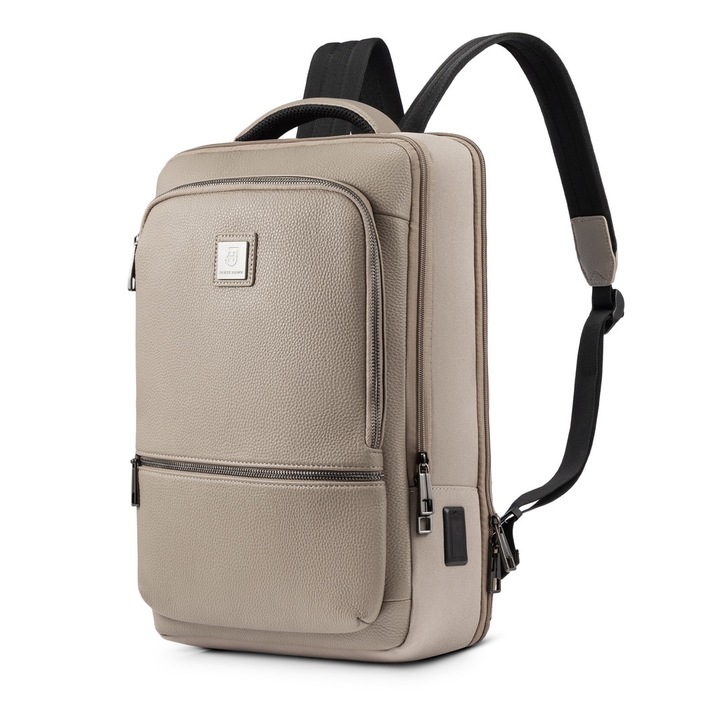 Rucsac Pentru Laptop, James Hawk, City Backpack, 20L 40x30x17 cm, Bej Gri, Piele Ecologica Si Nylon, Laptop 16 Inch, Bagaj De Mana Zbor Ryanair Wizz Air, Port Usb Si Usb-C, Protectie RFID, Impermeabil, Antifurt, Rucsac Business Elegant, Premium, Voiaj