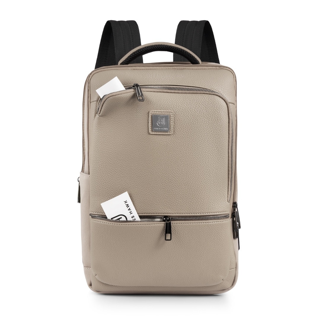 Rucsac Pentru Laptop, James Hawk, City Backpack, 20L 40x30x17 cm, Bej Gri, Piele Ecologica Si Nylon, Laptop 16 Inch, Bagaj De Mana Zbor Ryanair Wizz Air, Port Usb Si Usb-C, Protectie RFID, Impermeabil, Antifurt, Rucsac Business Elegant, Premium, Voiaj