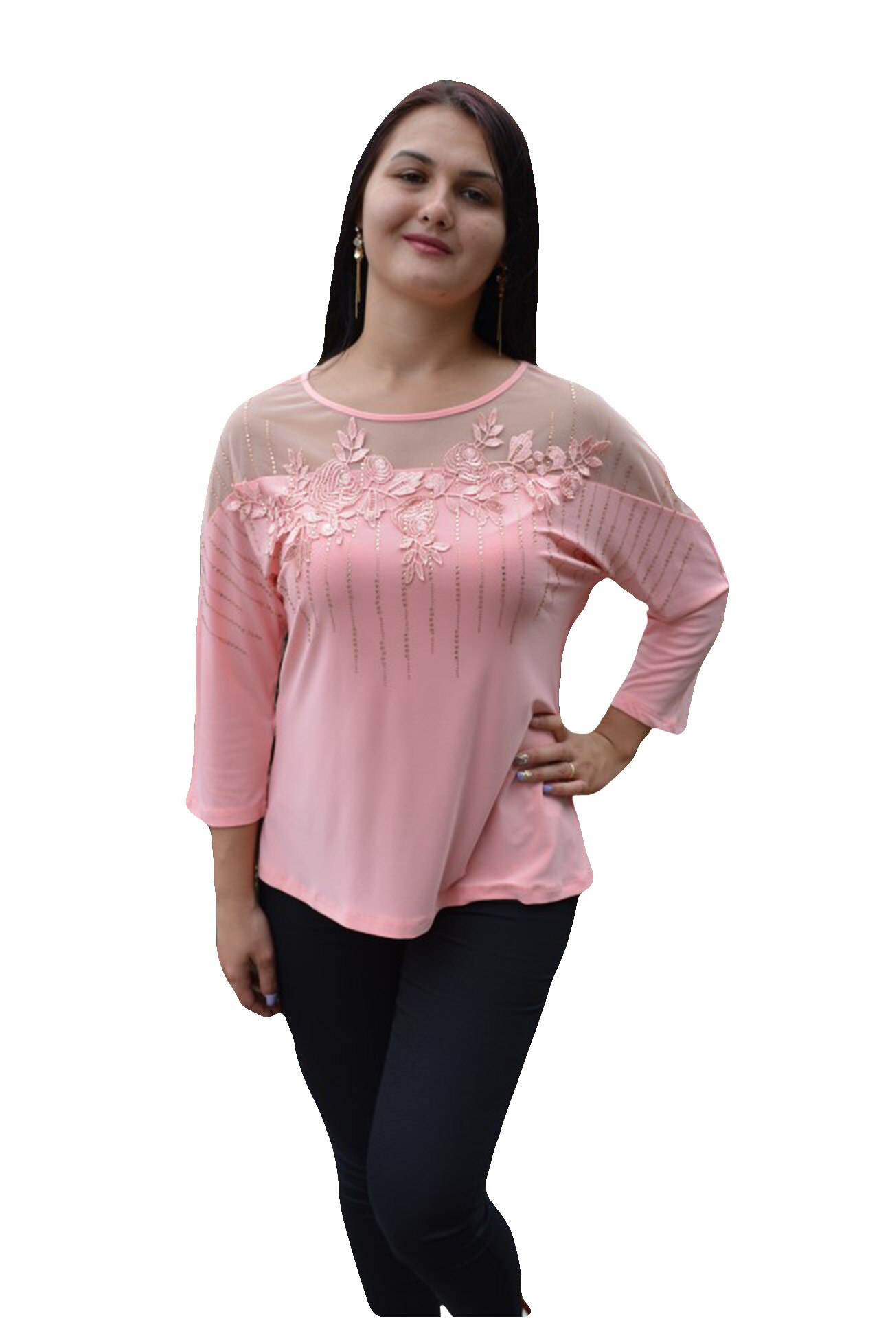Bluza fashion cu strasuri si dantela in partea de sus, D&J Exclusive, pudra