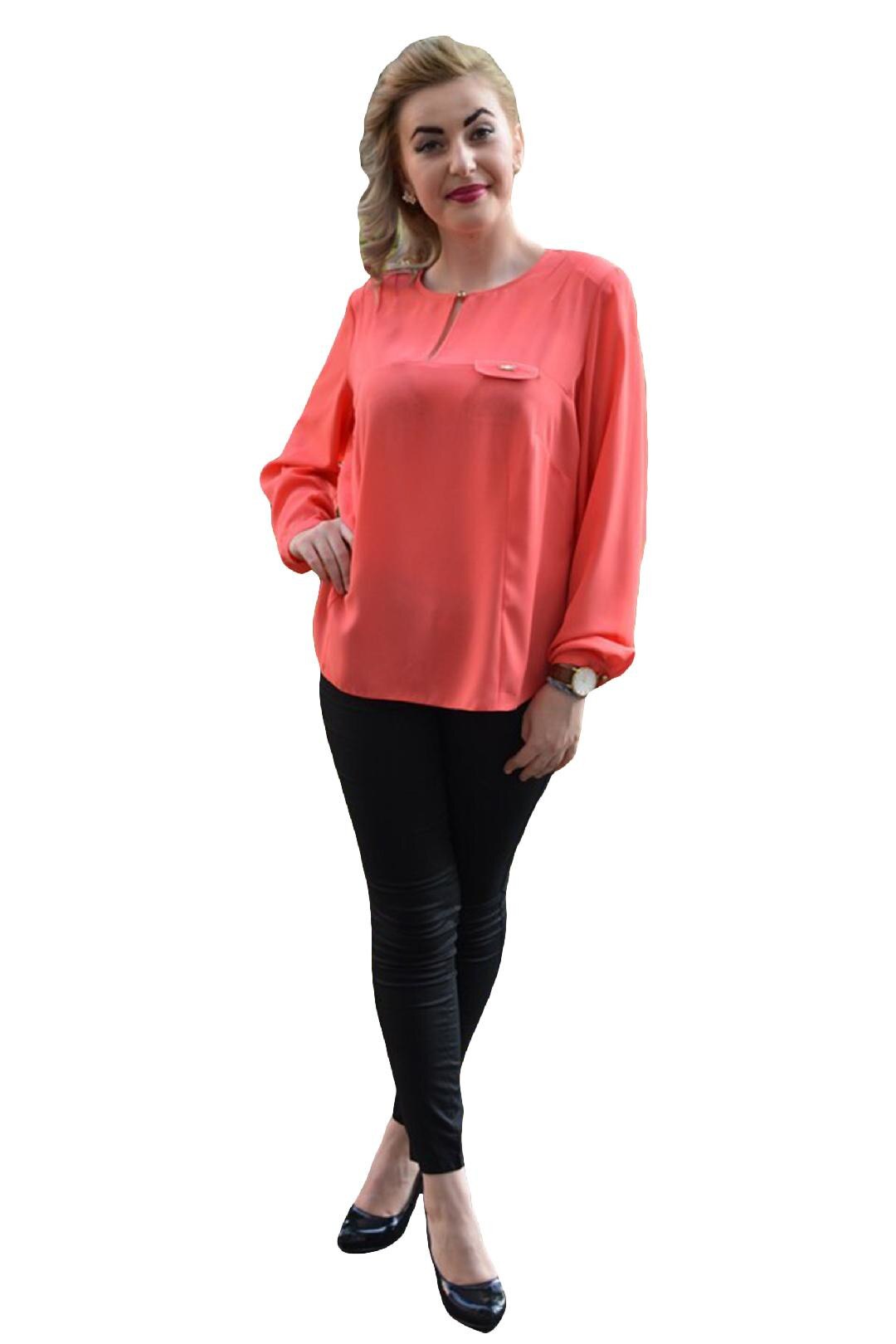 Bluza cu maneca lunga si decolteu mic, D&J Exclusive, Corai