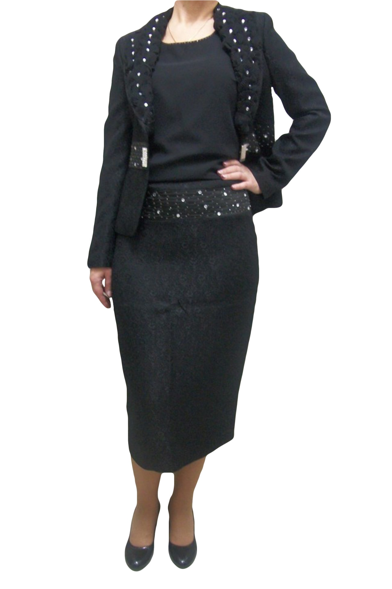 Costum elegant, cu fusta midi, sacou cu maneca lung , D&J Exclusive, Negru