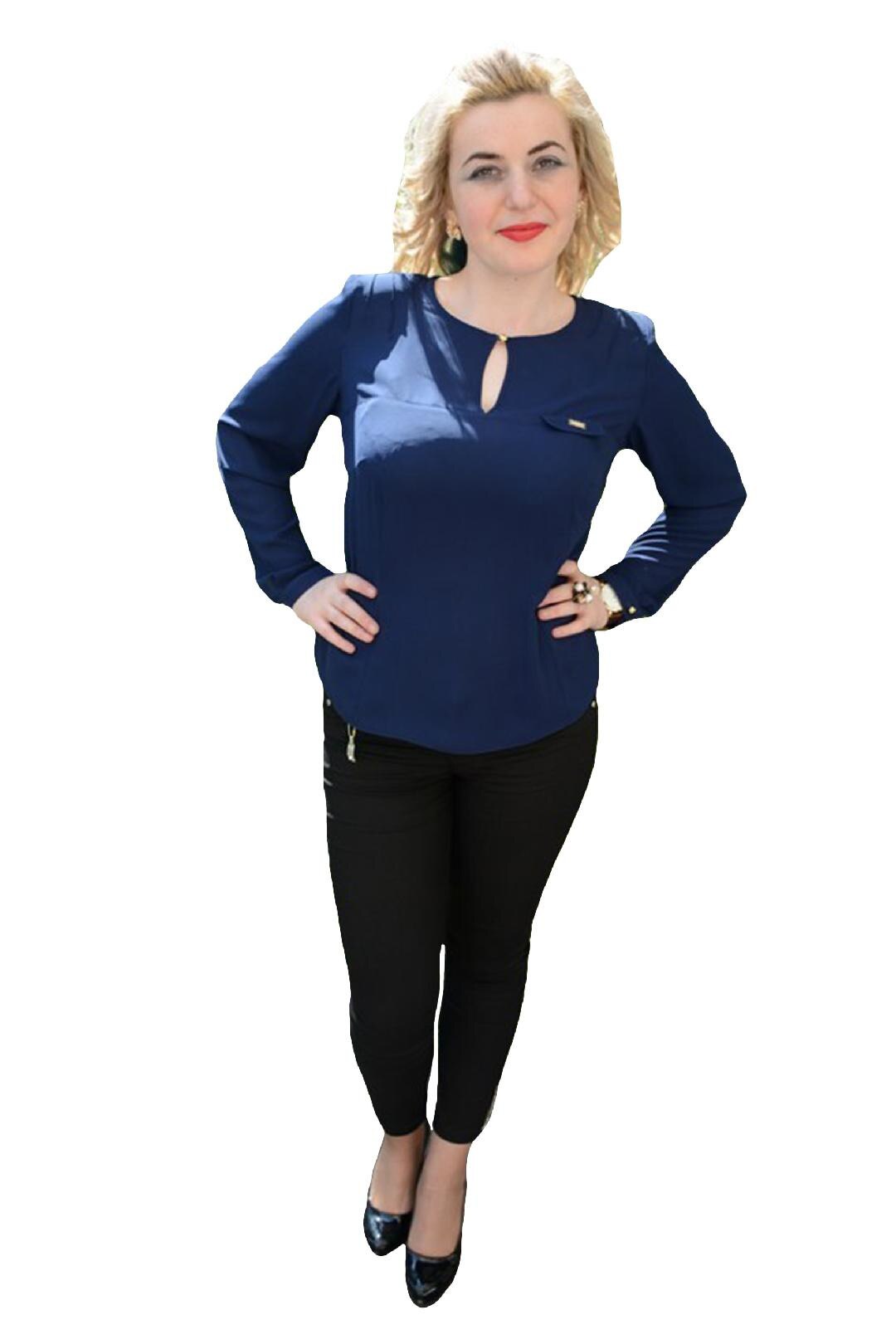 Bluza cu maneca lunga si decolteu mic, D&J Exclusive, Albastru marin