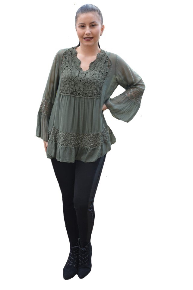 Bluza Amalia cu insertii de broderie si decolteu in V,D&J Exclusive, Kaki