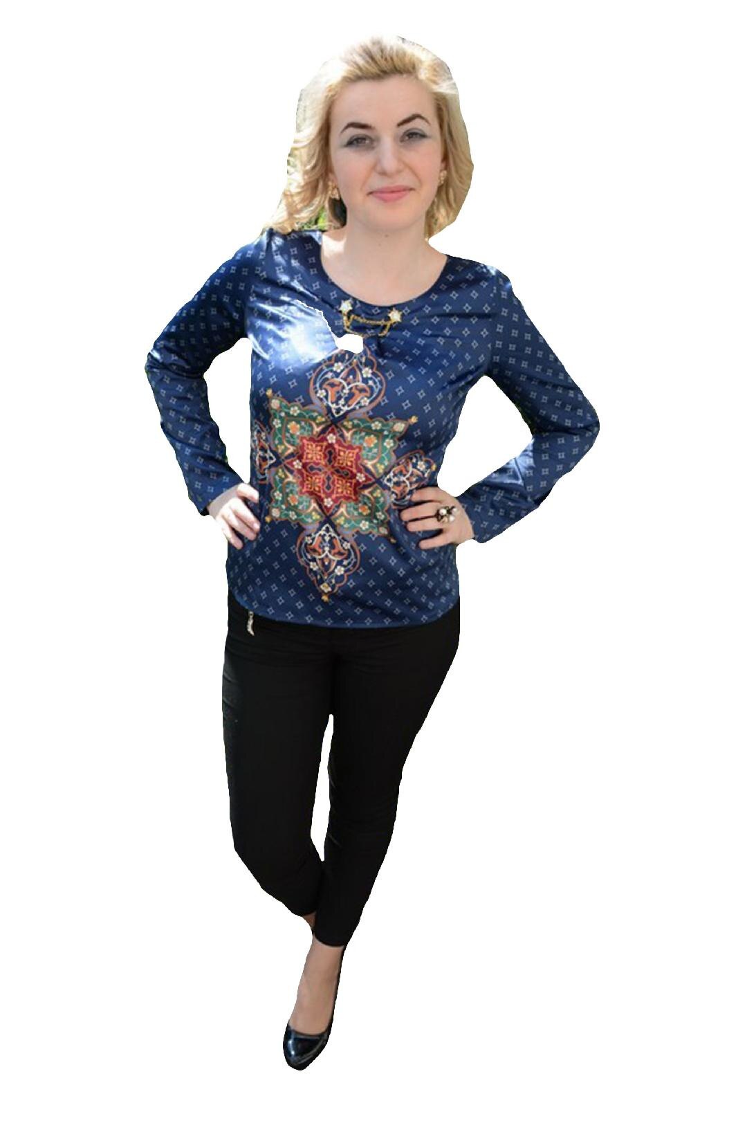 Bluza din material cu model si aspect satinat,D&J Exclusive,, Bleumarin