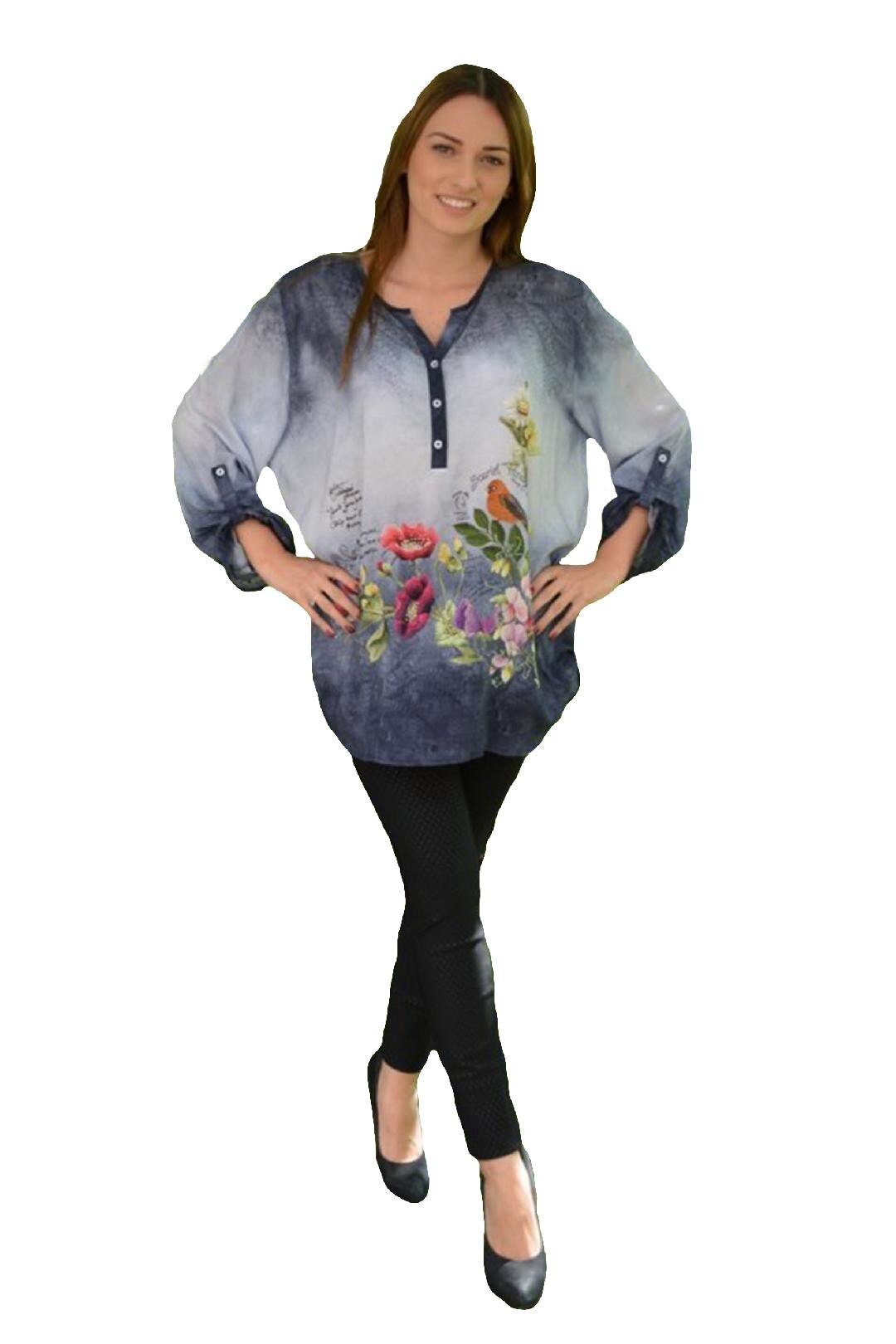 Bluza deosebita cu croi lejer si imprimeu multicolor, masura mare,D&J Exclusive, Albastru marin