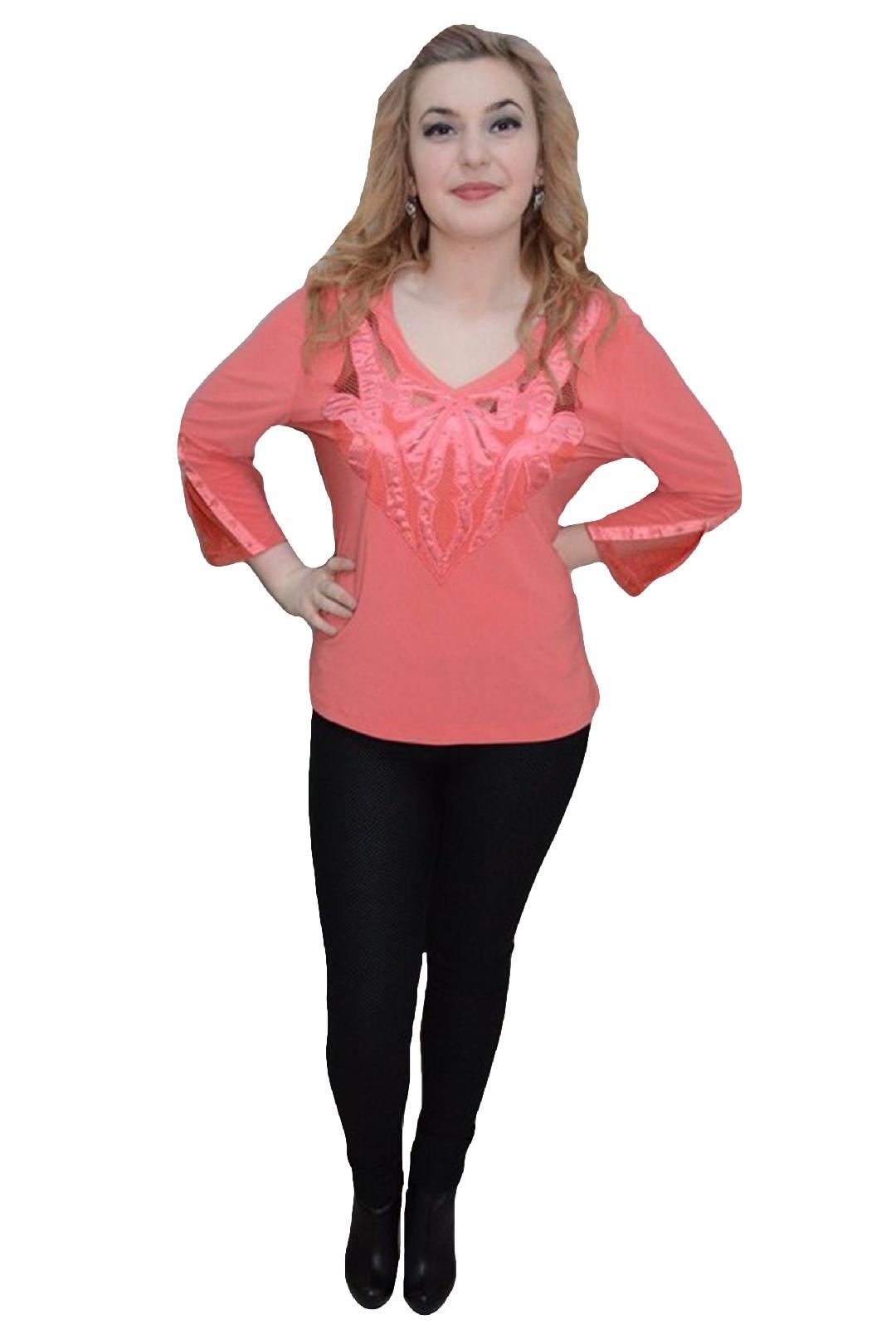 Bluza rafinata cu insertii tip plasa,masura mare, D&J Exclusive, Corai