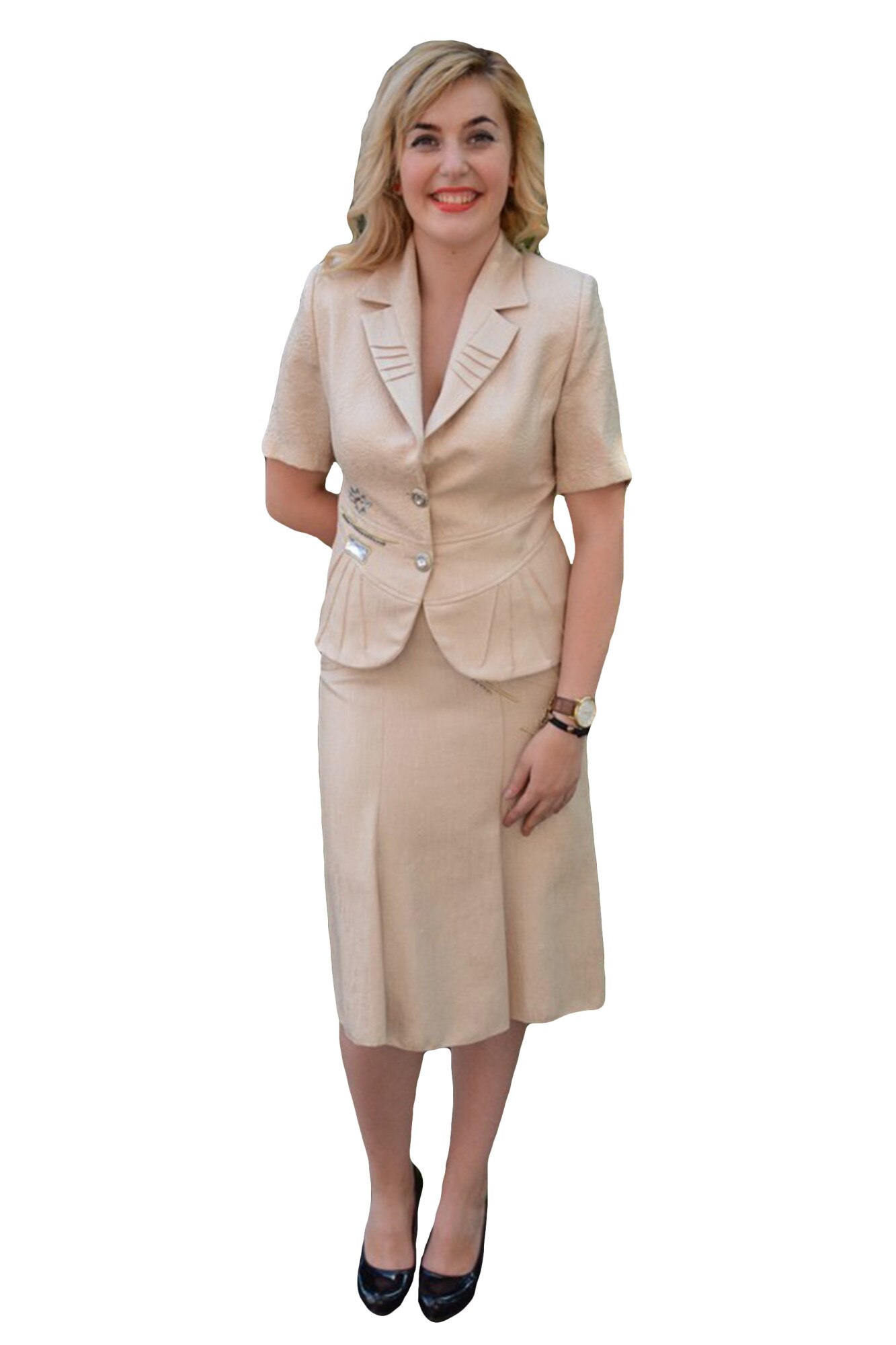 Costum de ocazie, doua piese, cu detalii argintii din strasuri, D&J Exclusive, Bej, 38