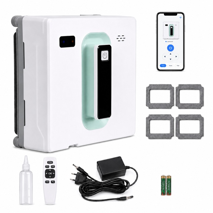 Robot de curatat geamuri VALORIA, aspiratie 3200 Pa, navigatie giroscopica, rezervor apa 40 ml, 2 moduri, telecomanda IR, sistem anti-cadere UPS 20 min, franghie siguranta 4 m, alb