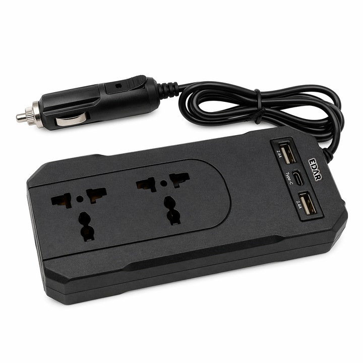 EDAR 150W Autós Feszültség Inverter, 12V/24V-ról 220V-ra, Univerzális Aljzat, USB + Type-C, Túlterhelés Védelem, Fekete