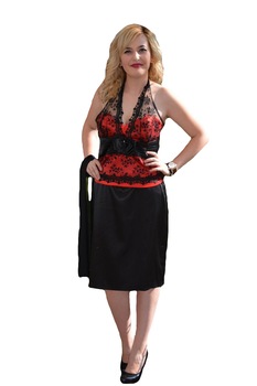 Costum elegant, doua piese, cu corset din saten cu dantela , D&J Exclusive, negru-rosu Costum elegant, doua piese, cu corset din saten cu dantela , D&J Exclusive, negru-rosu