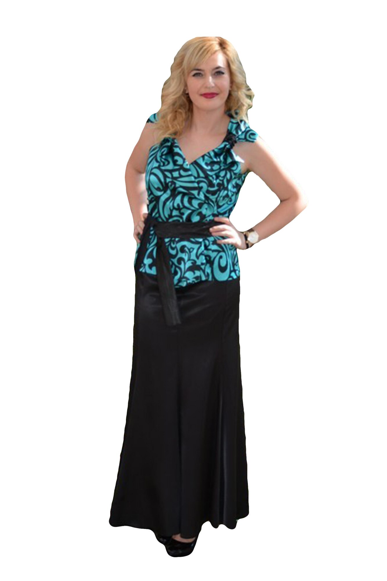 Costum elegant din doua piese, D&J Exclusive, Negru-turcoaz
