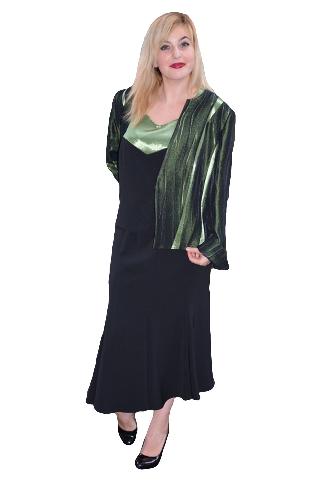 Costum elegant cu insertii de saten , D&J Exclusive, Verde, 48