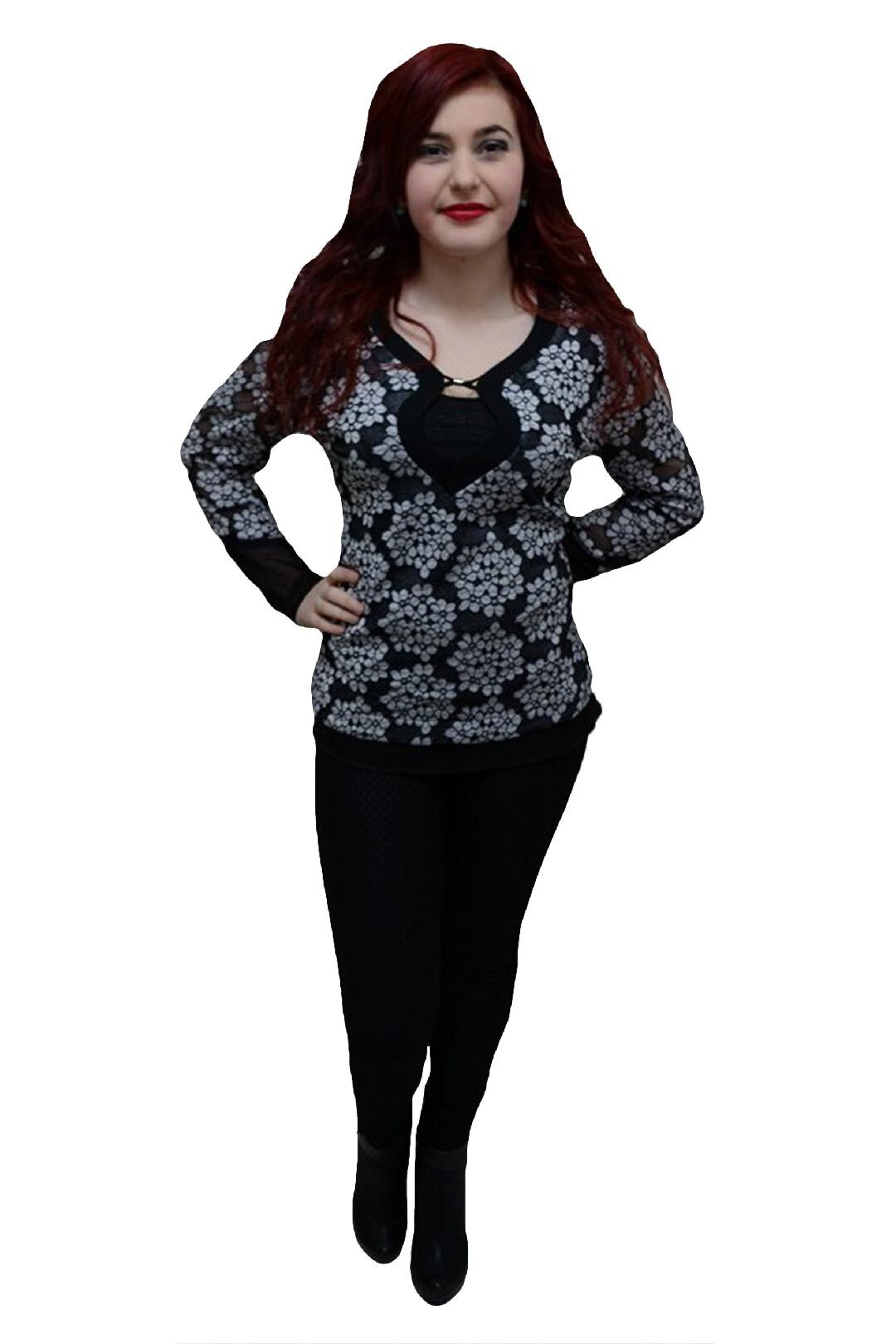 Bluza rafinata cu imprimeu floral, D&J Exclusive, Negru/Gri