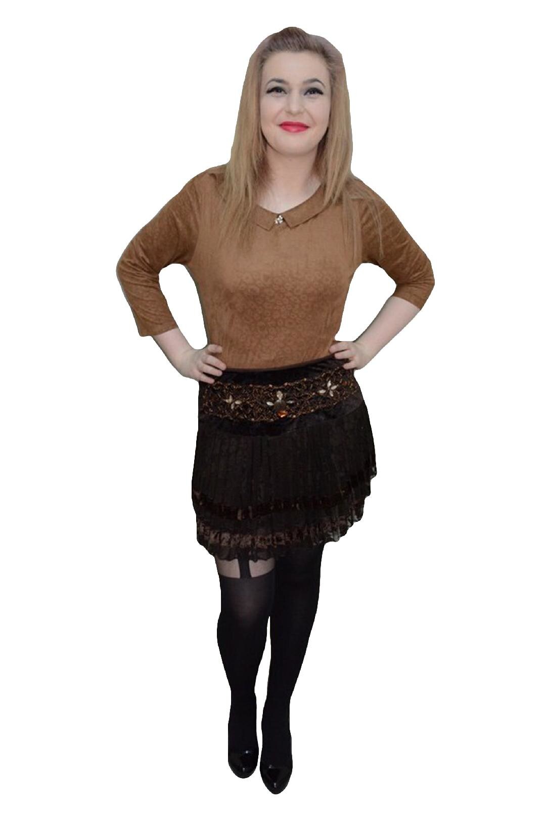 Fusta tinereasca din catifea , dantela fronsata,D&J Exclusive, Maro