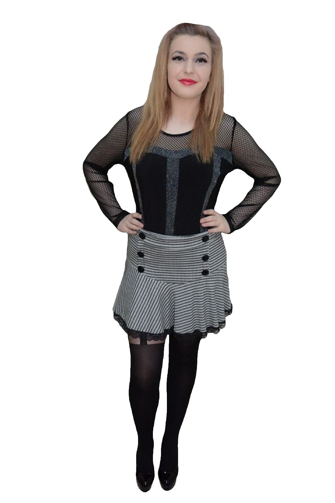 Fusta rafinata cu insertii de dantela, D&J Exclusive, Alb/Negru