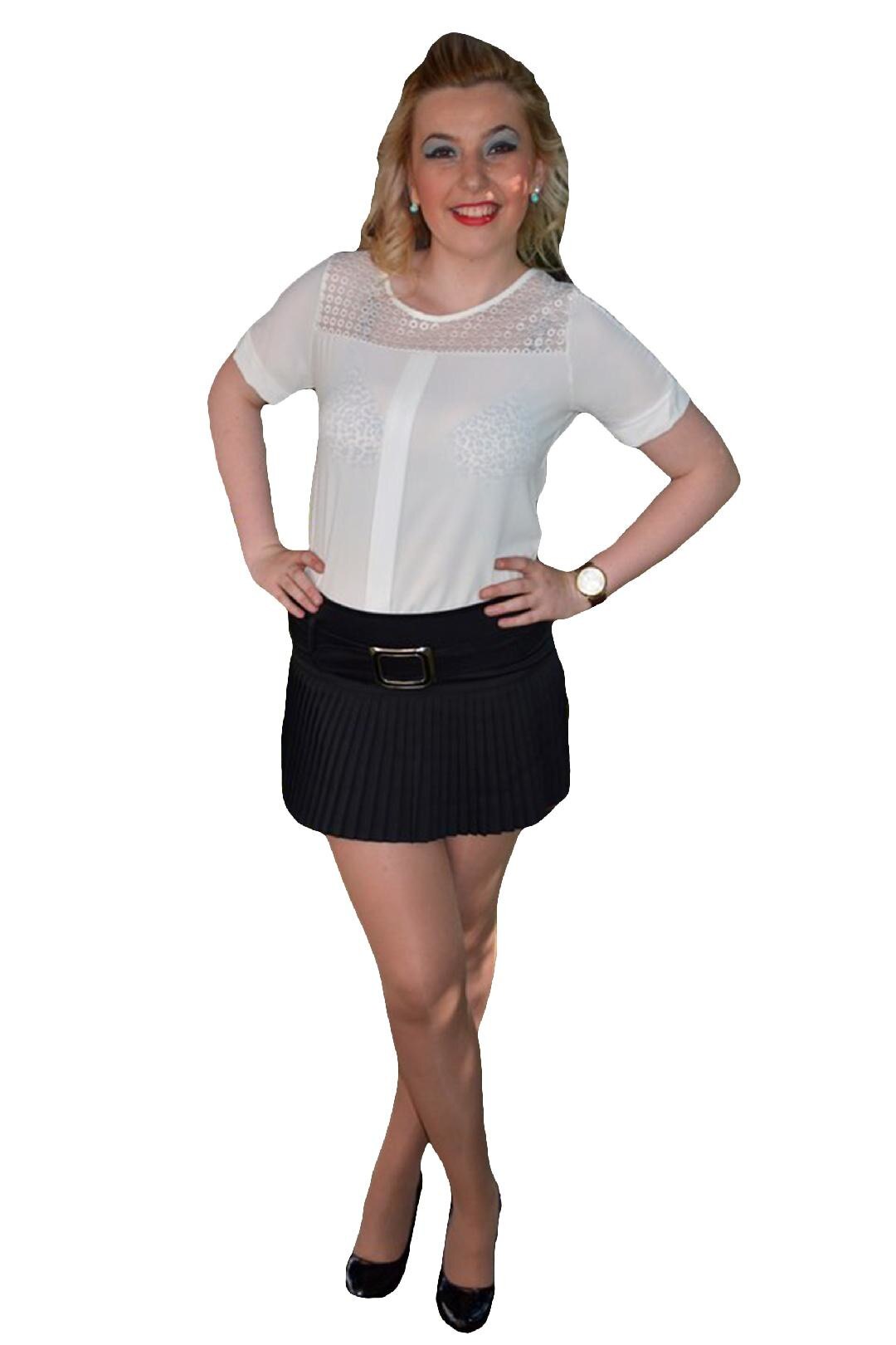 Fusta tinereasca din stofa cu model fronsat, D&J Exclusive, Negru