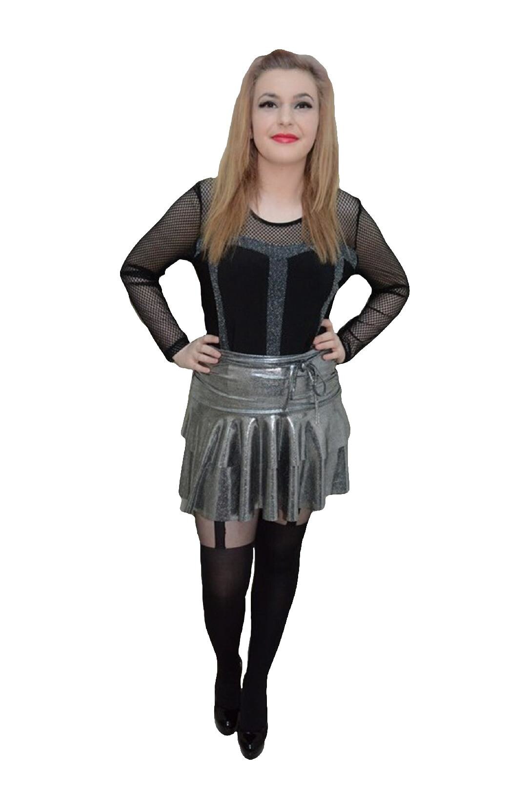 Fusta eleganta din volanase lucioase, D&J Exclusive, Argintiu