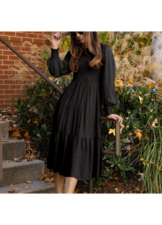 Rochie midi eleganta neagra maneci bufante poliester