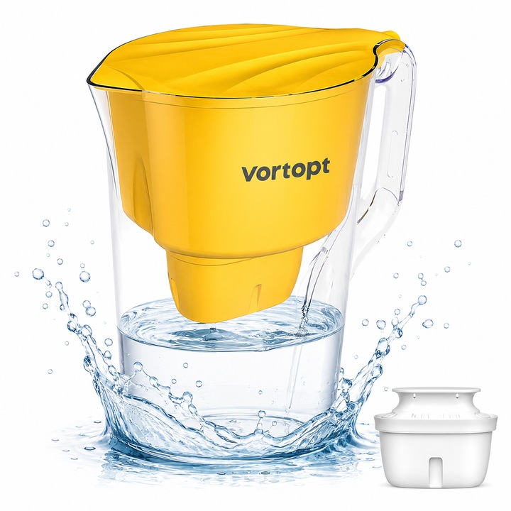 Cana filtranta apa Vortopt L1, 3.5 L, filtru cu carbon activ inclus, pana la 750 L sau 3 luni, BPA Free, galben