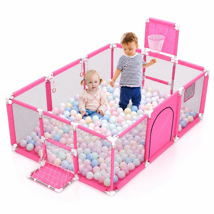 Alista Home® gyermek járóka, 100 labdával, biztonsági kerítés, 6 hónap - 6 év, 190x129x66 cm, könnyen összeszerelhető, rozsdamentes acél, rózsaszín