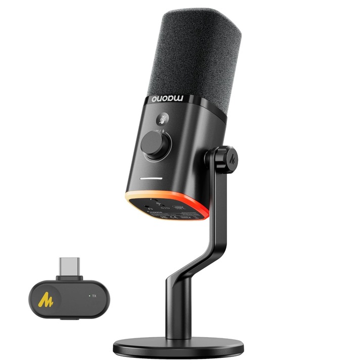 MAONO PD100W vezeték nélküli dinamikus mikrofon, 2.4 GHz és USB csatlakozás, zajcsökkentés, RGB világítás, audio monitorozás, akár 40 óra üzemidő, 50 m hatótáv, Fekete szín