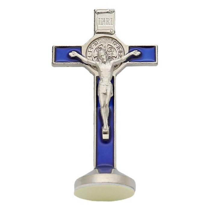 Cruce decorativa din aliaj de zinc cu Cristos (figurina), albastru, 4.5 x 2.5 x 8 cm