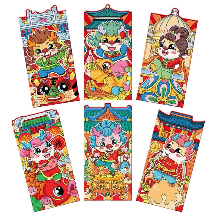 Set 6 plicuri rosii chinezesti, 8.9x16.4cm, multicolor