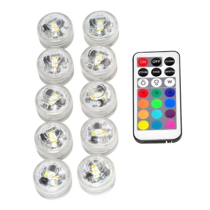 Set 10 lumini subacvatice LED multicolor rezistente la apa 12h durata